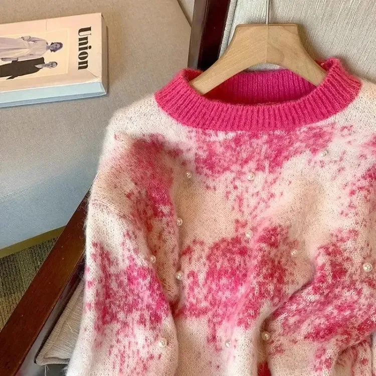 Chic Tie-Dye Sweater with Pearl Beaded Details and Soft Touch Material