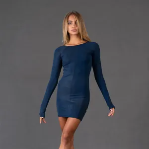 CIRCE Waxed Blue Long Sleeve Mini Dress