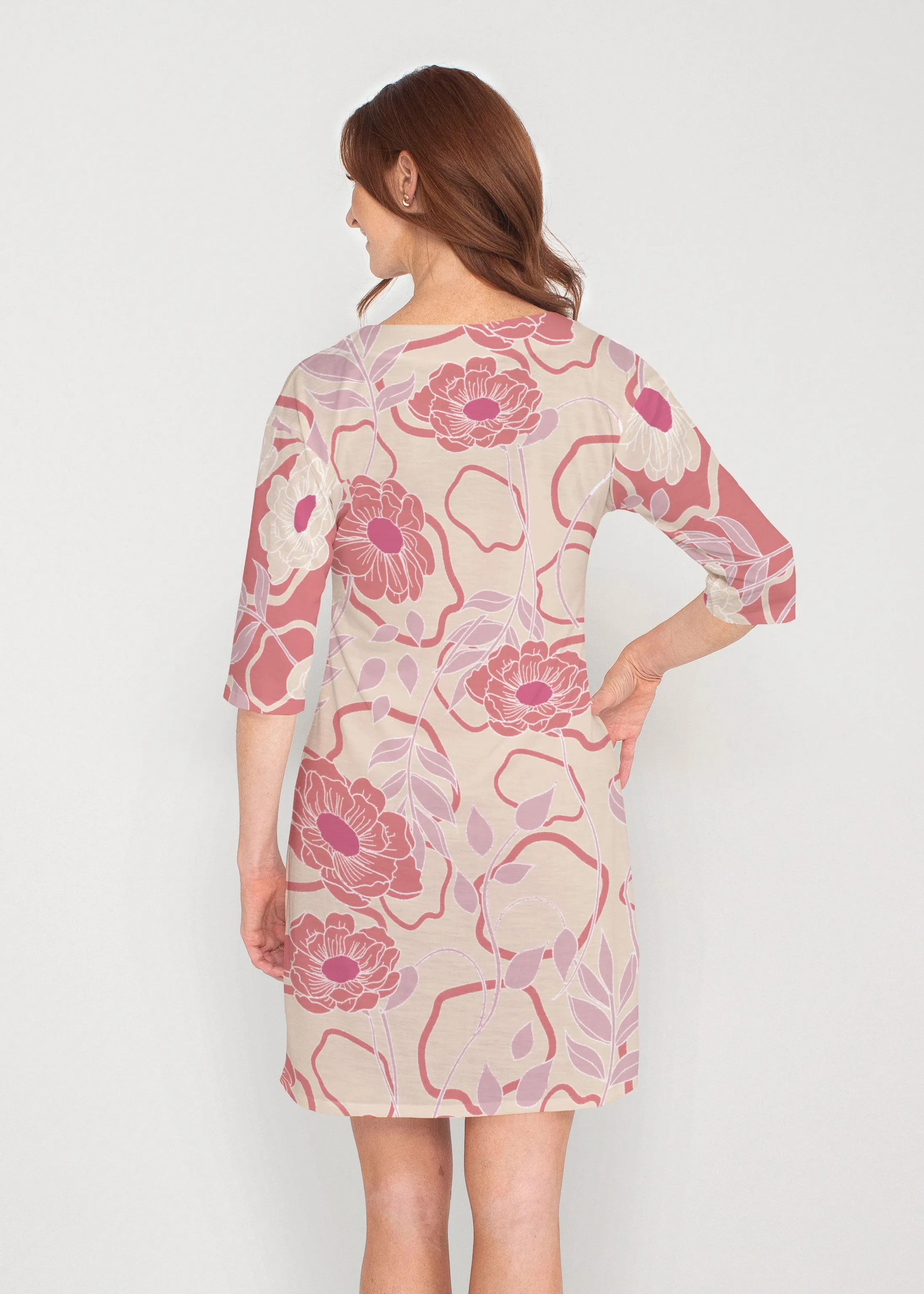 Clarisse Beige/Red (8127) ~ Drop Shoulder 3/4 Sleeve V-Neck Dress
