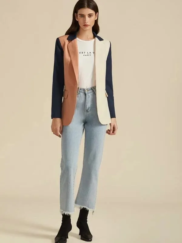 CM-CS009241 Women Elegant Seoul Style Long Sleeve Notch Collar Colorblock Single Button Blazer