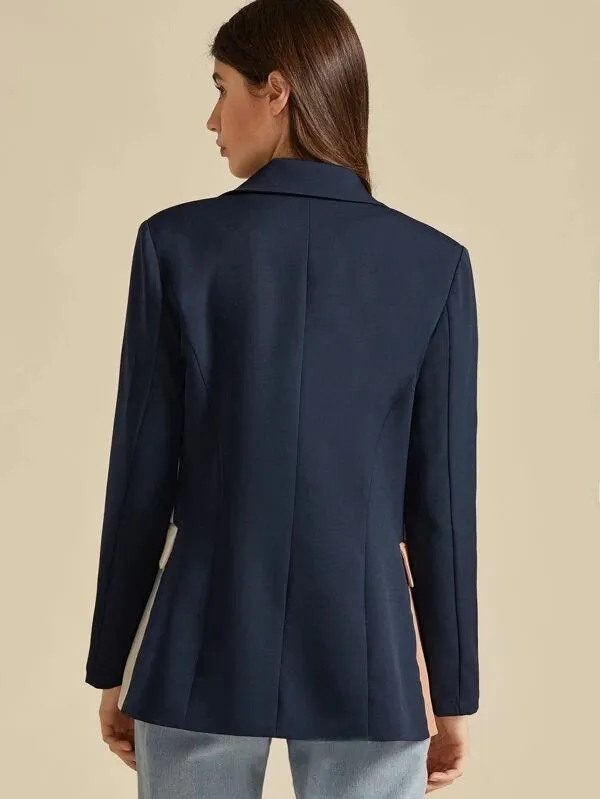 CM-CS009241 Women Elegant Seoul Style Long Sleeve Notch Collar Colorblock Single Button Blazer