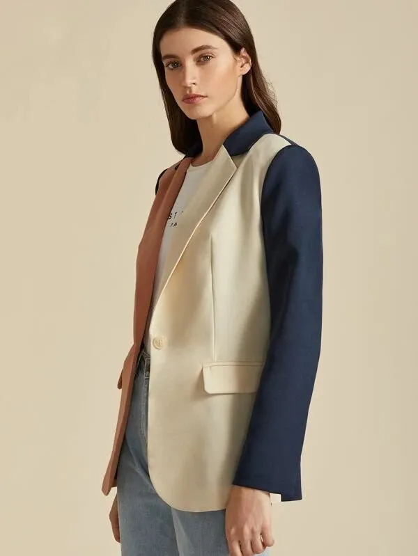 CM-CS009241 Women Elegant Seoul Style Long Sleeve Notch Collar Colorblock Single Button Blazer