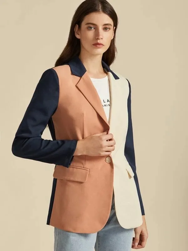 CM-CS009241 Women Elegant Seoul Style Long Sleeve Notch Collar Colorblock Single Button Blazer