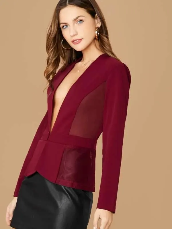 CM-CS011379 Women Elegant Seoul Style Long Sleeve Plunge Neck Mesh Panel Tailored Blazer - Wine Red