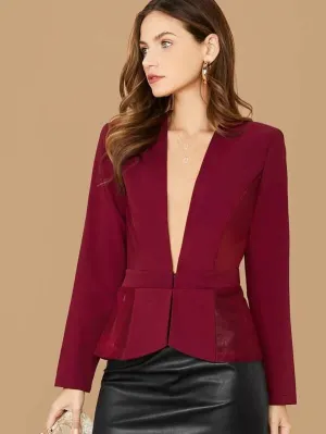 CM-CS011379 Women Elegant Seoul Style Long Sleeve Plunge Neck Mesh Panel Tailored Blazer - Wine Red