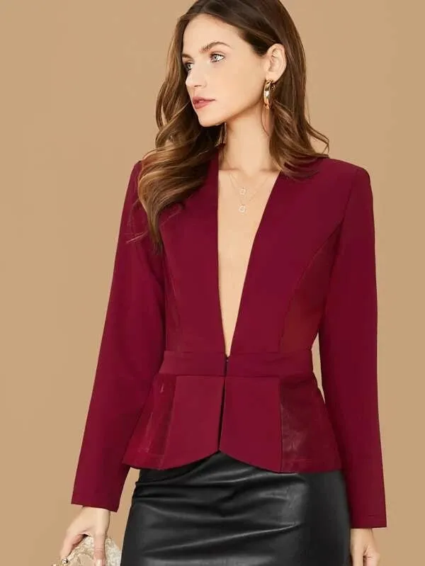 CM-CS011379 Women Elegant Seoul Style Long Sleeve Plunge Neck Mesh Panel Tailored Blazer - Wine Red