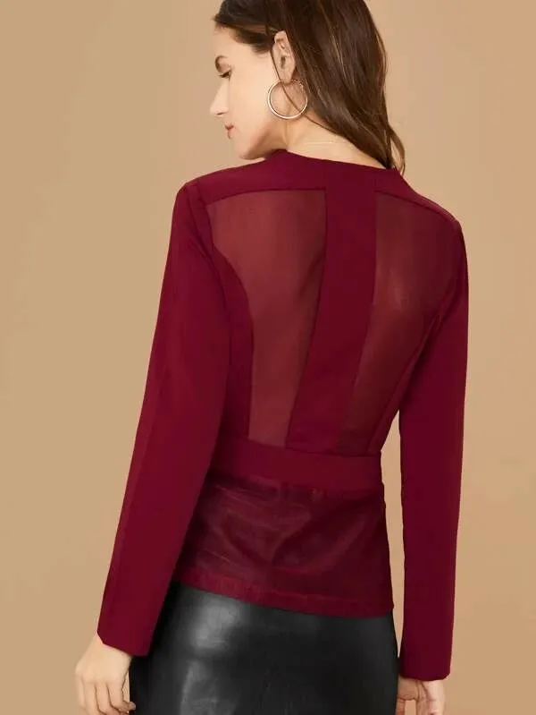 CM-CS011379 Women Elegant Seoul Style Long Sleeve Plunge Neck Mesh Panel Tailored Blazer - Wine Red
