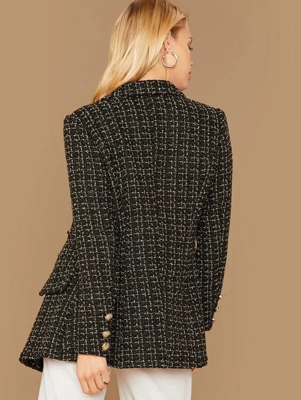 CM-CS015911 Women Elegant European Style Notched Collar Double Breasted Tweed Blazer - Black