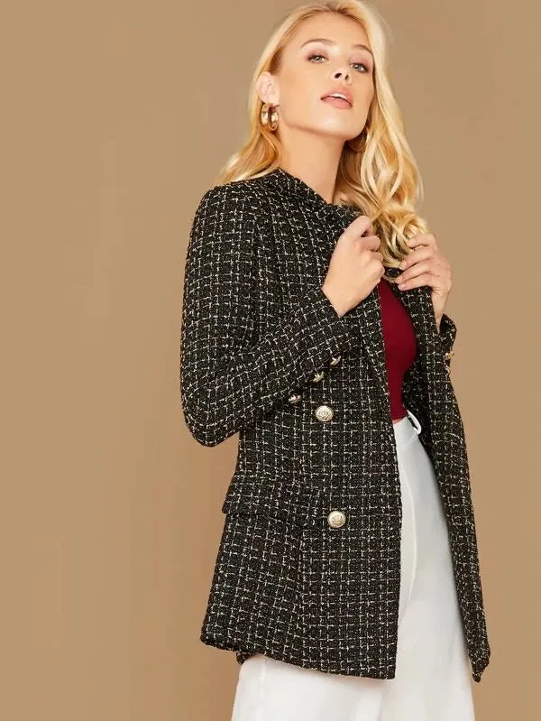 CM-CS015911 Women Elegant European Style Notched Collar Double Breasted Tweed Blazer - Black