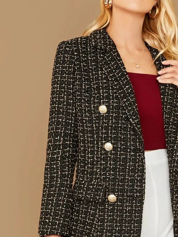 CM-CS015911 Women Elegant European Style Notched Collar Double Breasted Tweed Blazer - Black