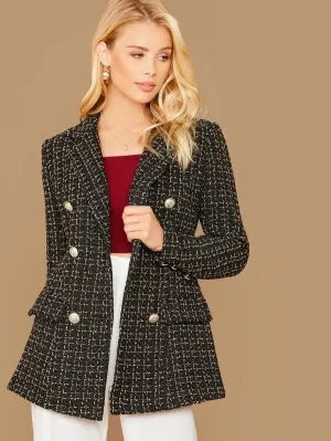 CM-CS015911 Women Elegant European Style Notched Collar Double Breasted Tweed Blazer - Black