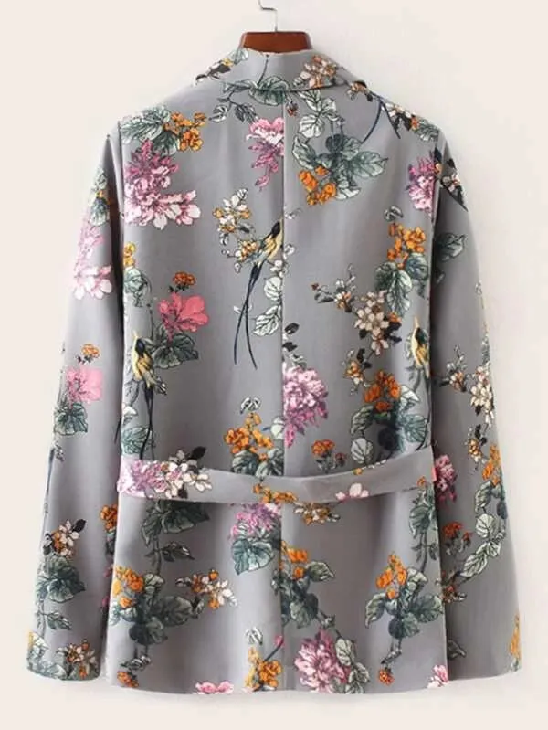 CM-CS023697 Women Elegant European Style Lapel Collar Floral Graphic Belted Blazer - Gray