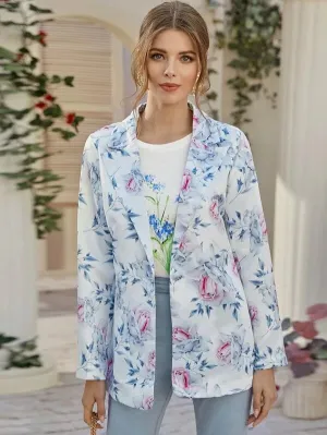 CM-CS118130 Women Elegant Seoul Style Long Sleeve Multicolor Single Button Floral Blazer