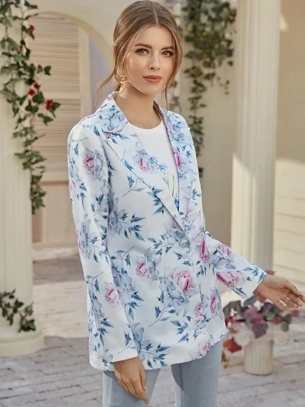 CM-CS118130 Women Elegant Seoul Style Long Sleeve Multicolor Single Button Floral Blazer