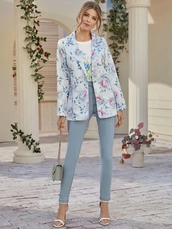 CM-CS118130 Women Elegant Seoul Style Long Sleeve Multicolor Single Button Floral Blazer