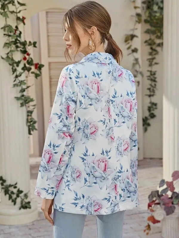 CM-CS118130 Women Elegant Seoul Style Long Sleeve Multicolor Single Button Floral Blazer