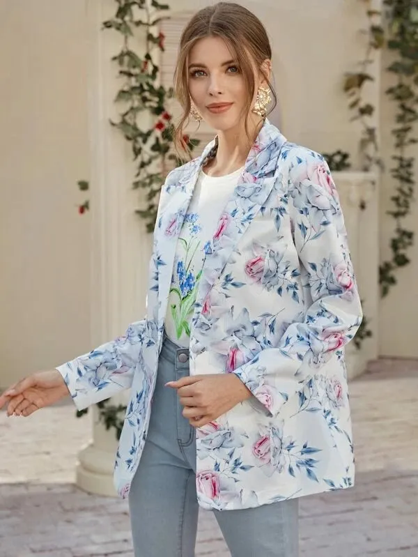 CM-CS118130 Women Elegant Seoul Style Long Sleeve Multicolor Single Button Floral Blazer