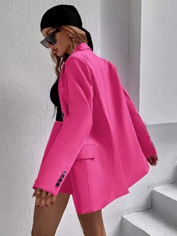 CM-CS124333 Women Elegant Seoul Style Flap Detail Double Breasted Lapel Neck Blazer - Hot Pink