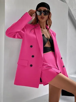 CM-CS124333 Women Elegant Seoul Style Flap Detail Double Breasted Lapel Neck Blazer - Hot Pink