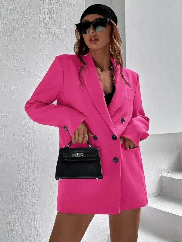 CM-CS124333 Women Elegant Seoul Style Flap Detail Double Breasted Lapel Neck Blazer - Hot Pink