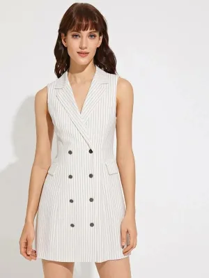 CM-CS211420 Women Elegant Seoul Style Notch Collar Flap Detail Striped Blazer Dress - White