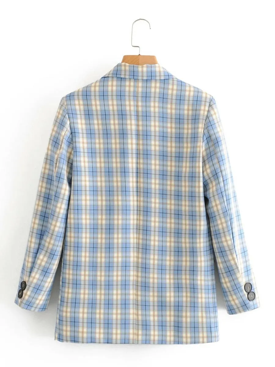 CM-CS420979 Women Elegant Seoul Style Long Sleeve Single Button Double Pocket Plaid Blazer - Blue
