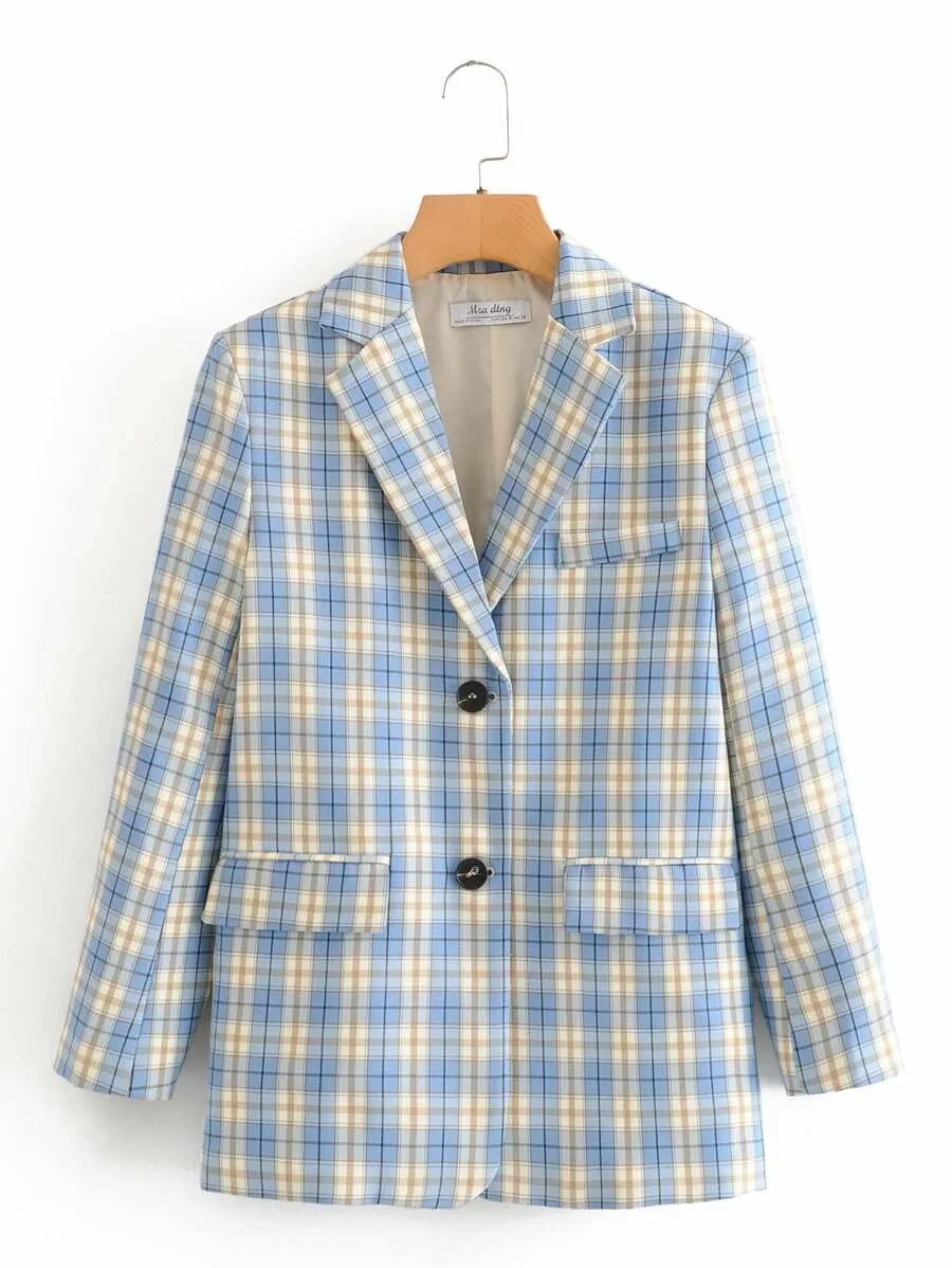 CM-CS420979 Women Elegant Seoul Style Long Sleeve Single Button Double Pocket Plaid Blazer - Blue