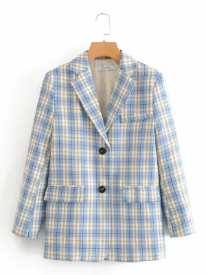 CM-CS420979 Women Elegant Seoul Style Long Sleeve Single Button Double Pocket Plaid Blazer - Blue