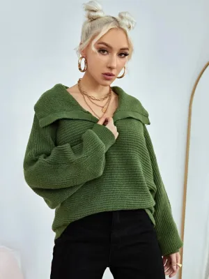 CM-CS488414 Women Casual Seoul Style Loose Fold Collared Bishop Sleeve Sweater - Dark Green