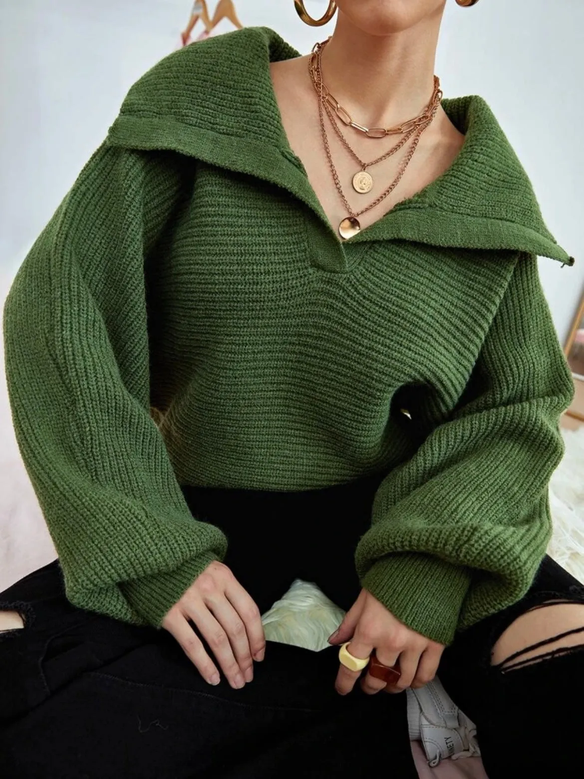 CM-CS488414 Women Casual Seoul Style Loose Fold Collared Bishop Sleeve Sweater - Dark Green