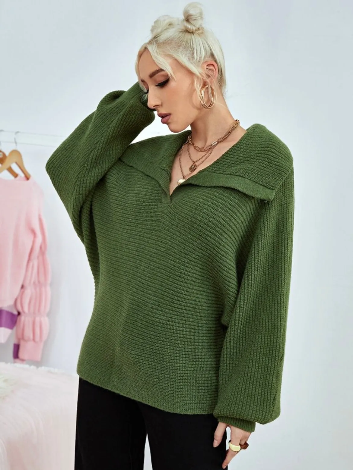 CM-CS488414 Women Casual Seoul Style Loose Fold Collared Bishop Sleeve Sweater - Dark Green