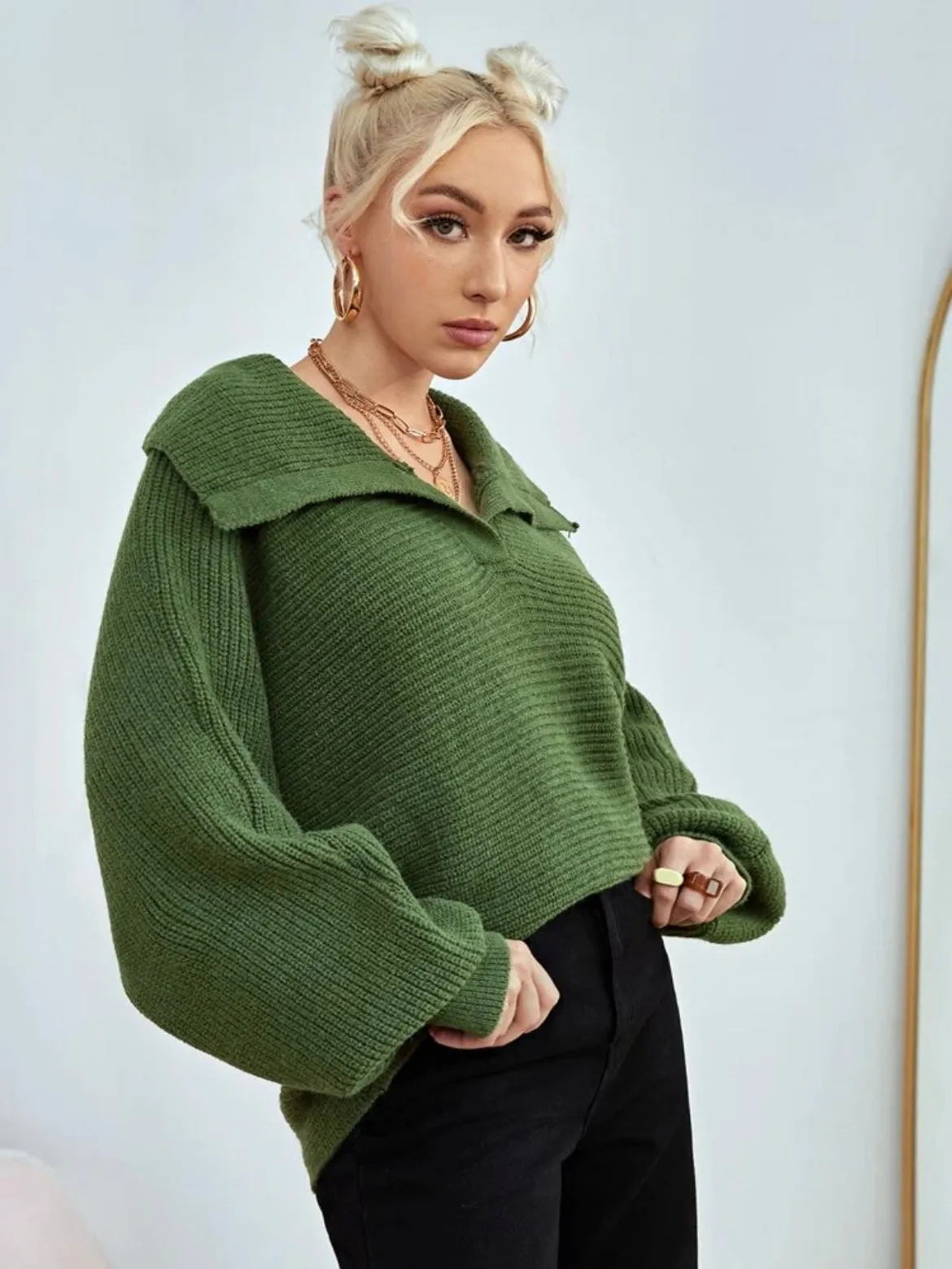 CM-CS488414 Women Casual Seoul Style Loose Fold Collared Bishop Sleeve Sweater - Dark Green