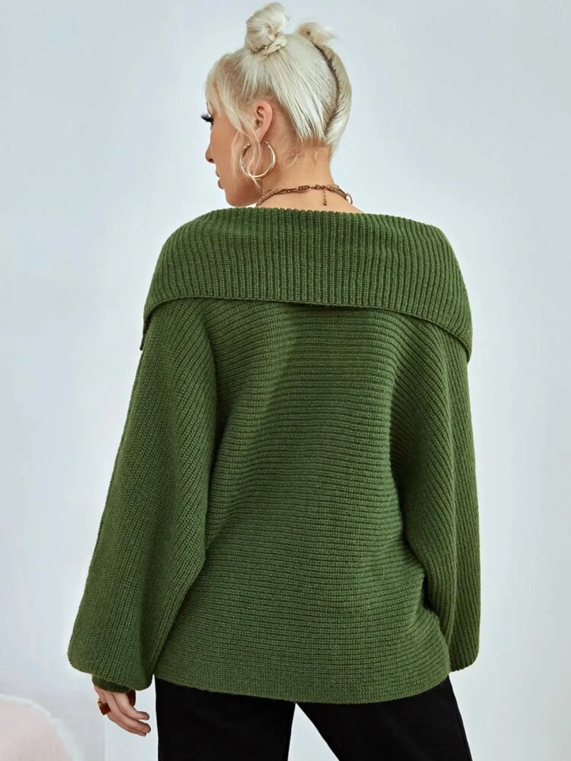 CM-CS488414 Women Casual Seoul Style Loose Fold Collared Bishop Sleeve Sweater - Dark Green