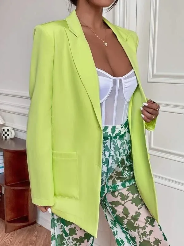 CM-CS499169 Women Elegant Seoul Style Peak Collar Pocket Patched Blazer - Lime Green