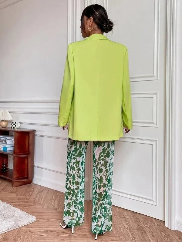 CM-CS499169 Women Elegant Seoul Style Peak Collar Pocket Patched Blazer - Lime Green