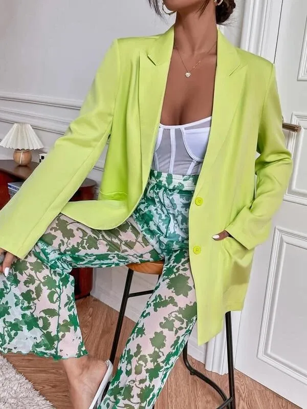 CM-CS499169 Women Elegant Seoul Style Peak Collar Pocket Patched Blazer - Lime Green