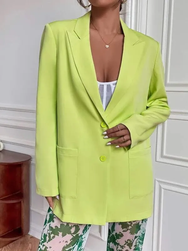 CM-CS499169 Women Elegant Seoul Style Peak Collar Pocket Patched Blazer - Lime Green