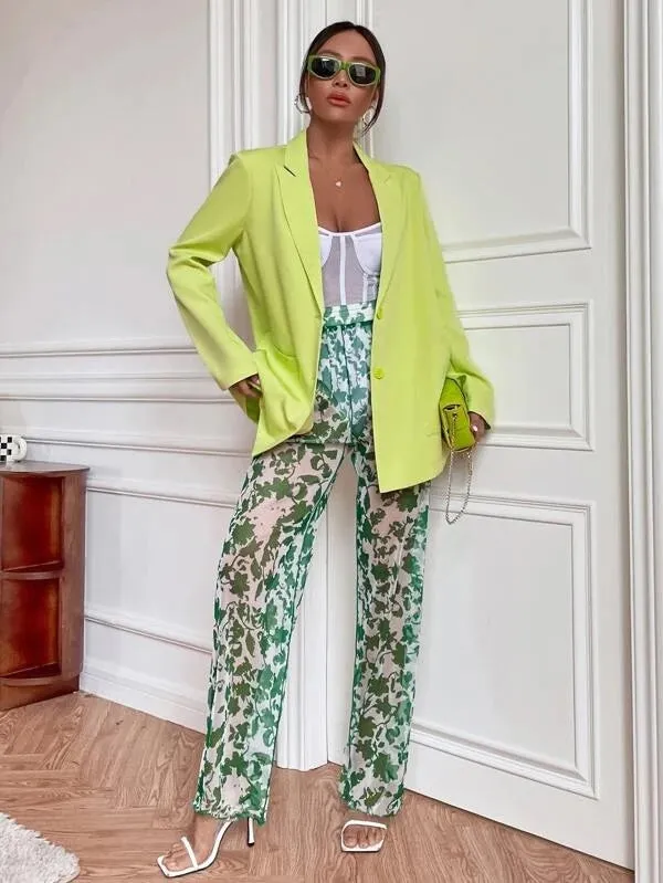 CM-CS499169 Women Elegant Seoul Style Peak Collar Pocket Patched Blazer - Lime Green