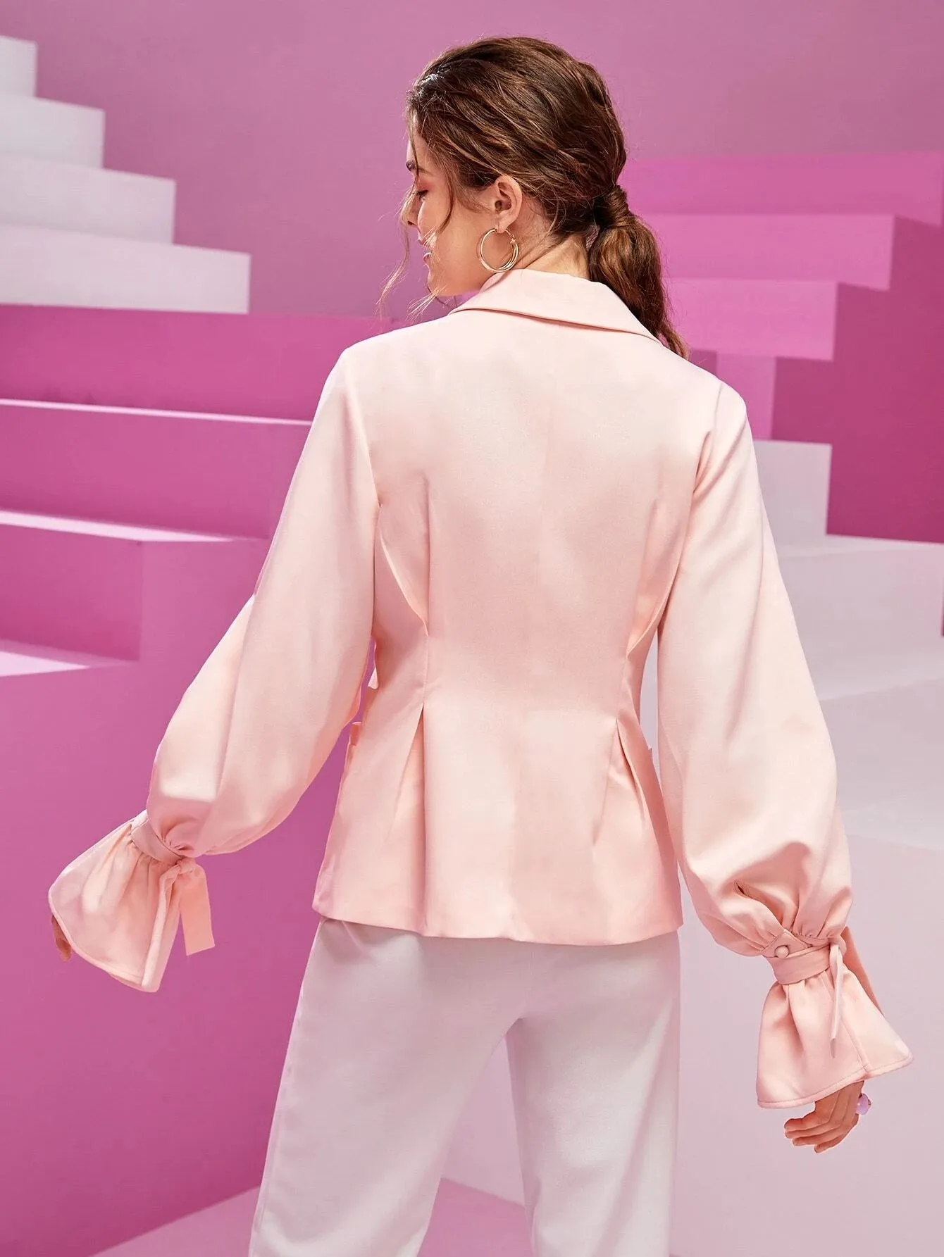 CM-CS588281 Women Elegant Seoul Style Solid Flounce Sleeve Single Button Blazer - Baby Pink