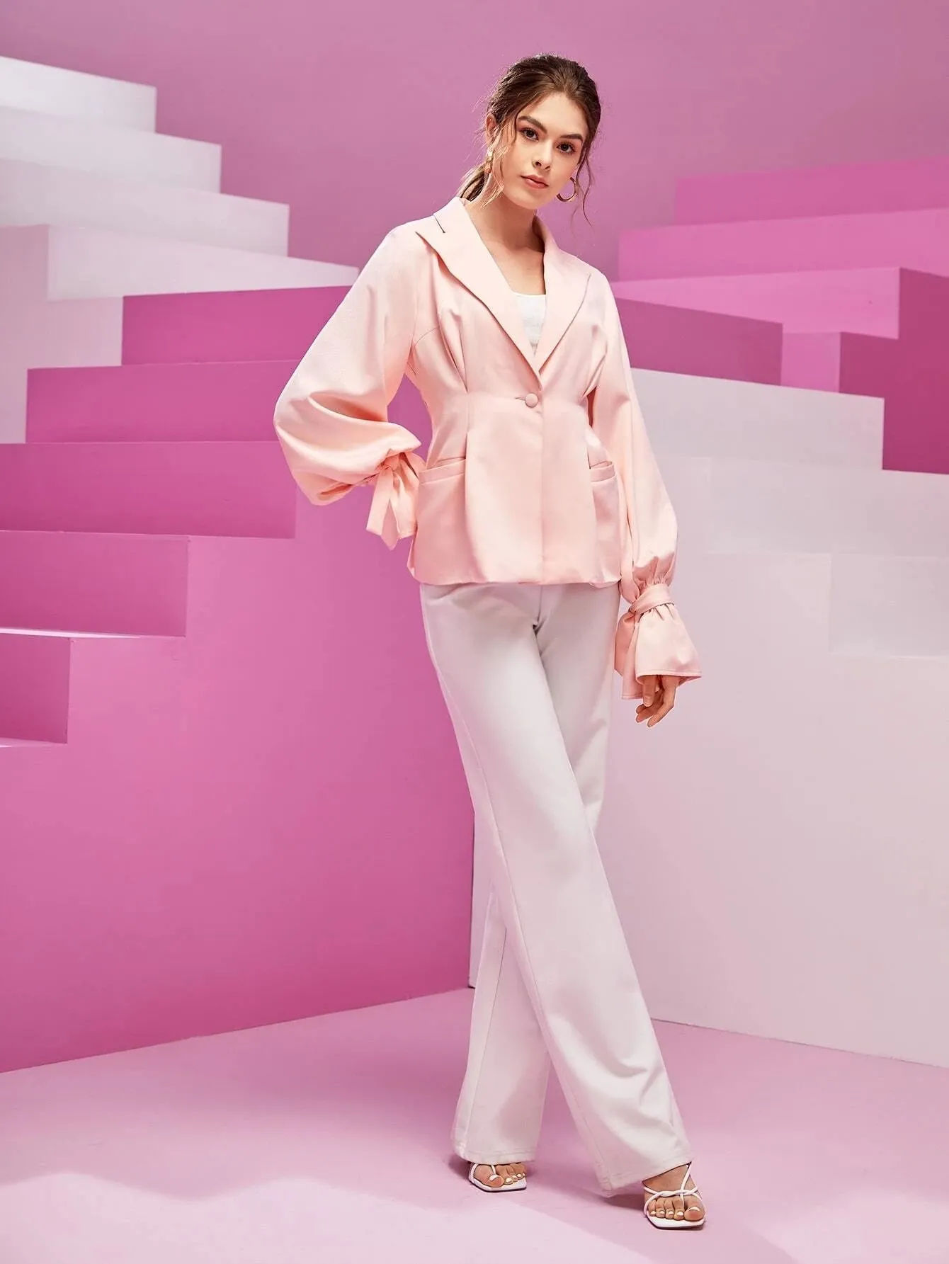 CM-CS588281 Women Elegant Seoul Style Solid Flounce Sleeve Single Button Blazer - Baby Pink