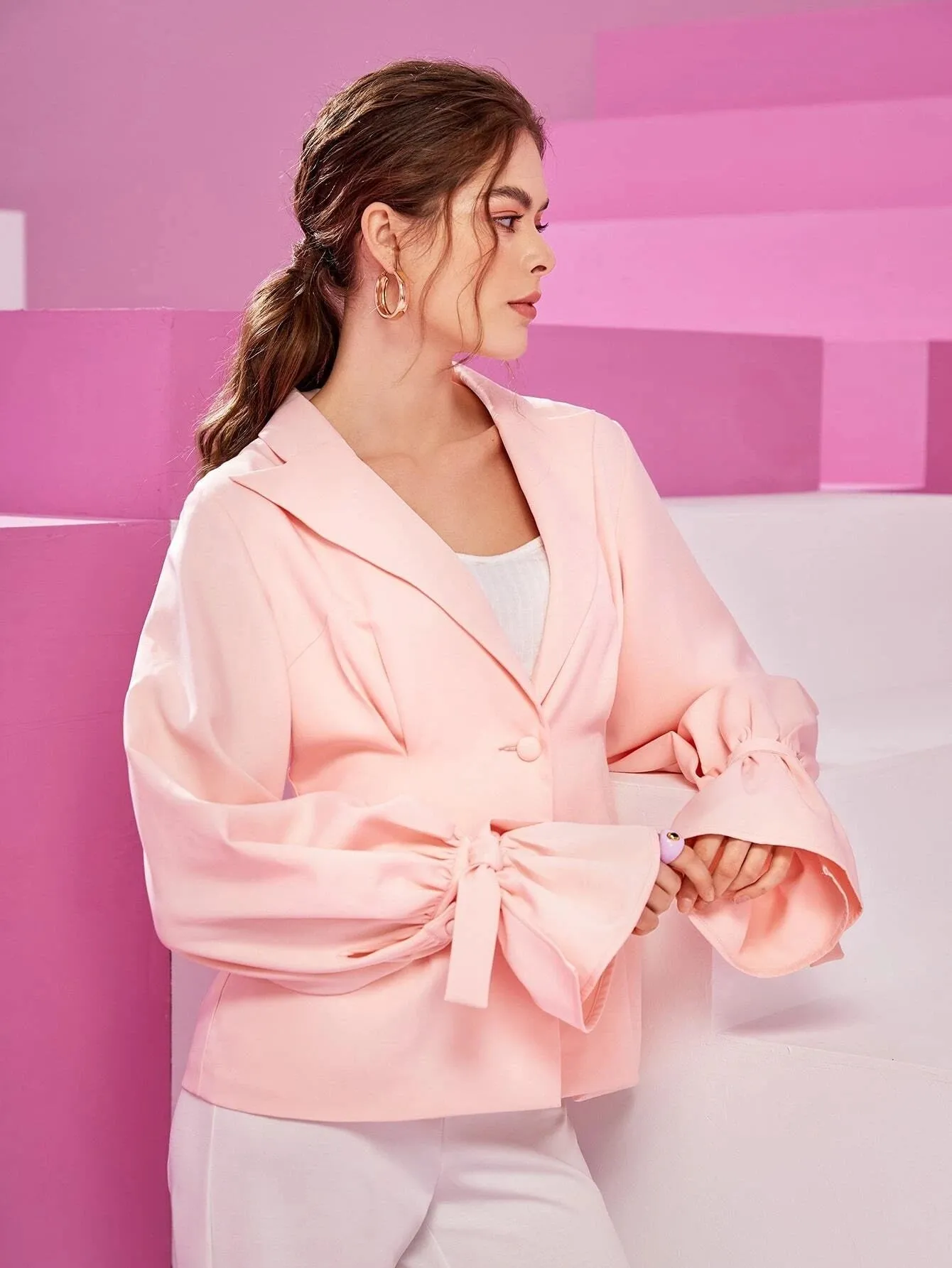 CM-CS588281 Women Elegant Seoul Style Solid Flounce Sleeve Single Button Blazer - Baby Pink