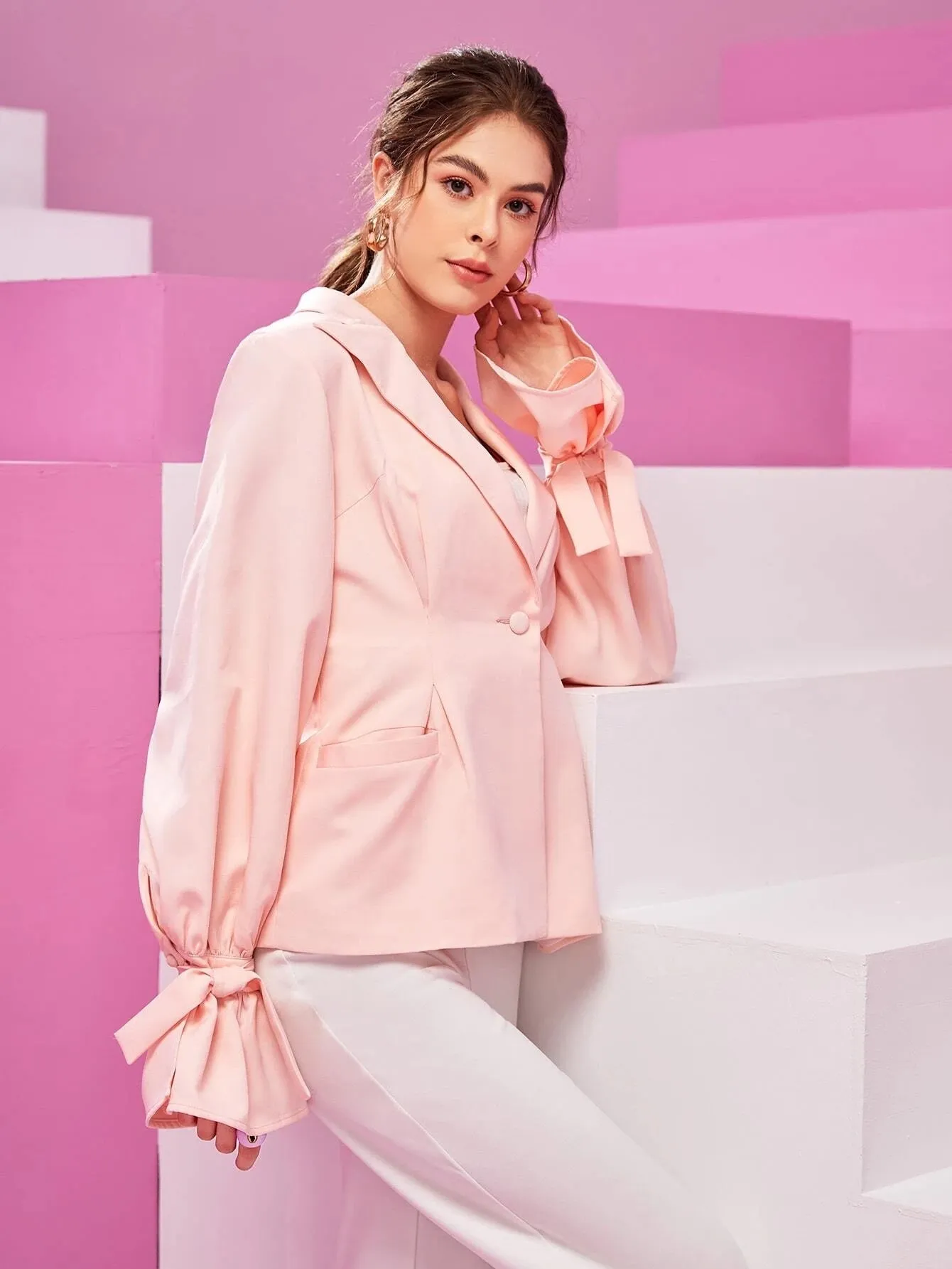 CM-CS588281 Women Elegant Seoul Style Solid Flounce Sleeve Single Button Blazer - Baby Pink