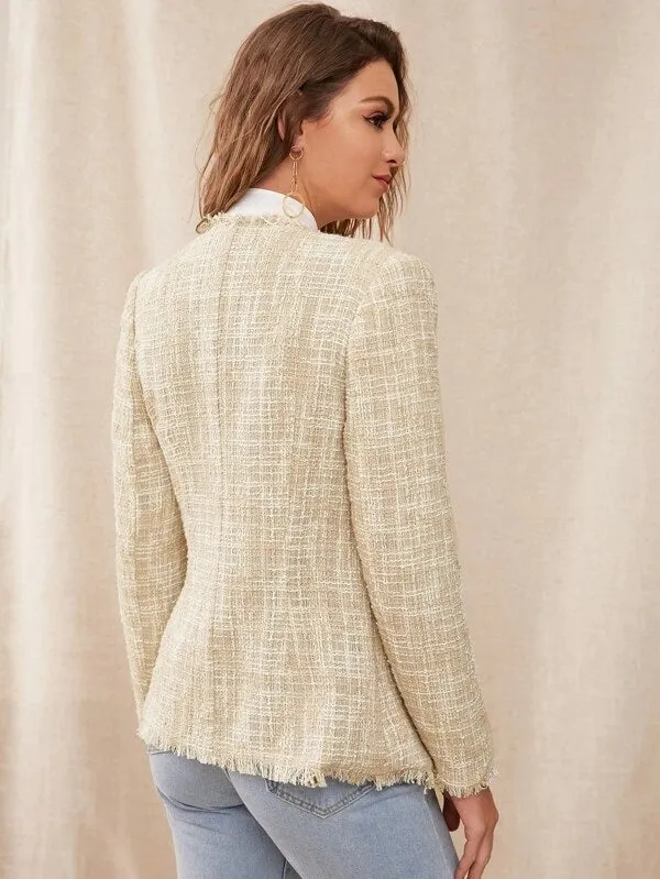 CM-CS827519 Women Elegant Seoul Style Long Sleeve Buttoned Raw Trim Tweed Blazer - Beige