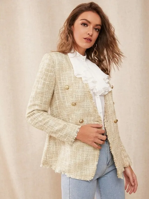 CM-CS827519 Women Elegant Seoul Style Long Sleeve Buttoned Raw Trim Tweed Blazer - Beige