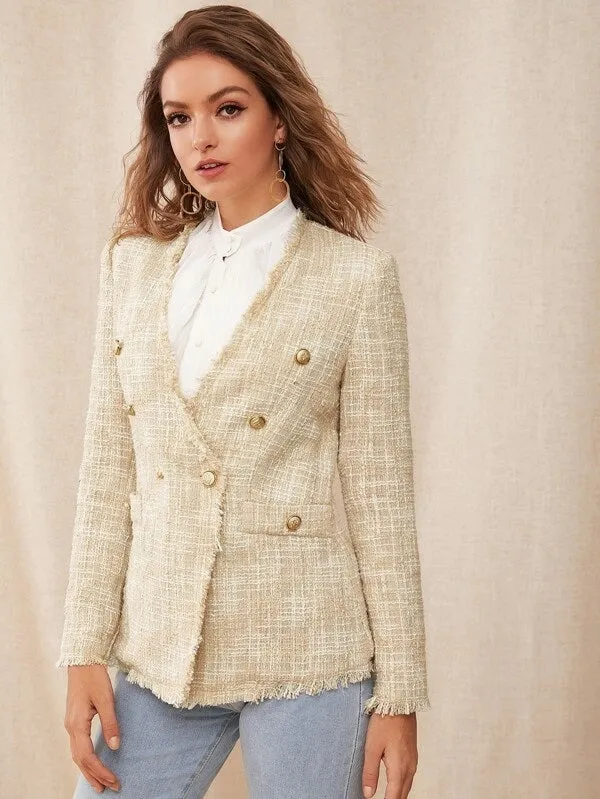 CM-CS827519 Women Elegant Seoul Style Long Sleeve Buttoned Raw Trim Tweed Blazer - Beige
