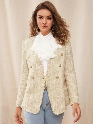 CM-CS827519 Women Elegant Seoul Style Long Sleeve Buttoned Raw Trim Tweed Blazer - Beige