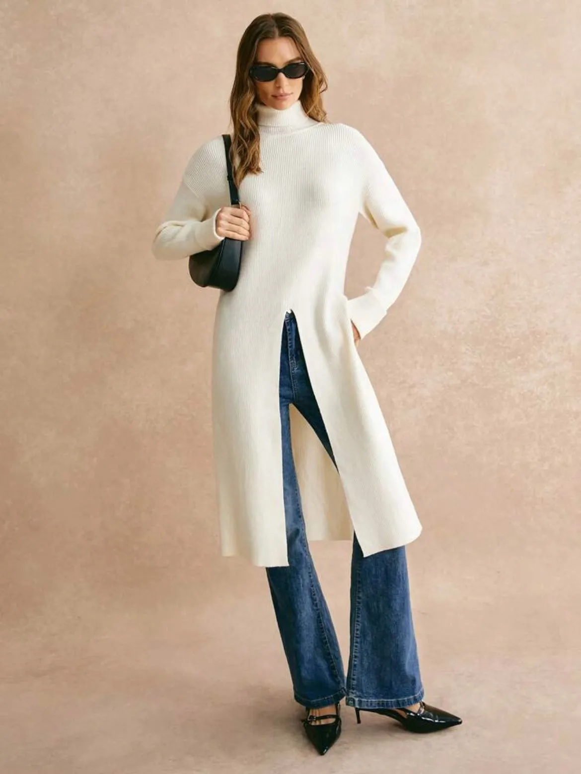 CM-CS884286 Women Casual Seoul Style Turtleneck Slit Dropp Shoulder Long Sleeve Split Hem Sweater