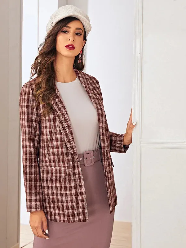 CM-CS911228 Women Elegant Seoul Style Long Sleeve Shawl Neck Flap Pocket Gingham Blazer - Wine Red