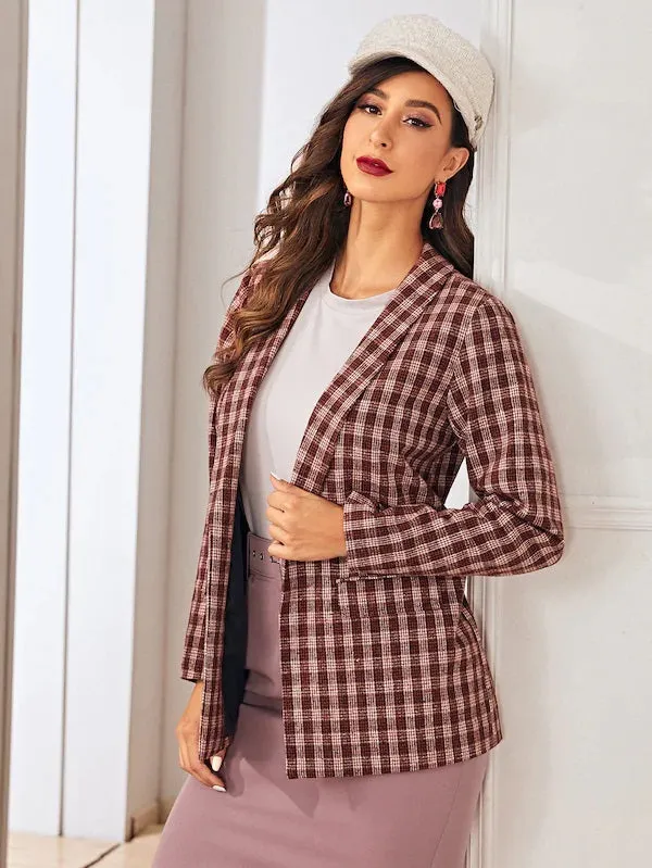 CM-CS911228 Women Elegant Seoul Style Long Sleeve Shawl Neck Flap Pocket Gingham Blazer - Wine Red