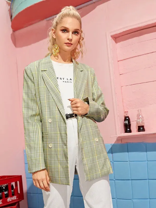 CM-CS920892 Women Elegant Seoul Style Long Sleeve Plaid Double Breasted Lapel Blazer - Green